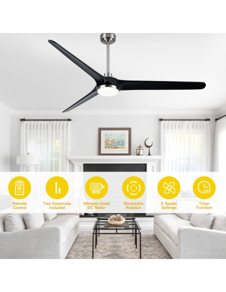 72" Solid Wood Ceiling Fan with Lights and Remote Control, Dimmable LED 3-Color Changing, Modern Black Fan for Living Room