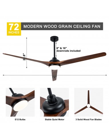 72" Black Solid Wood Ceiling Fan with...