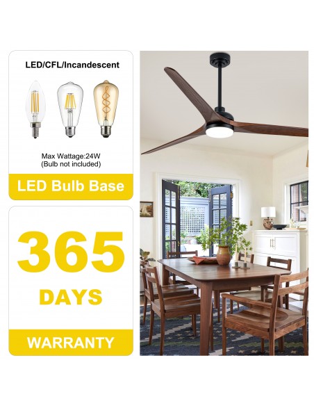 72" Black Solid Wood Ceiling Fan with Light and Remote Control, 3-Blade, Dimmable Fandelier Ceiling Fan for Bedroom, Living Room