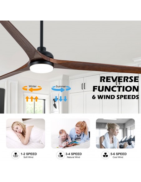 72" Black Solid Wood Ceiling Fan with Light and Remote Control, 3-Blade, Dimmable Fandelier Ceiling Fan for Bedroom, Living Room
