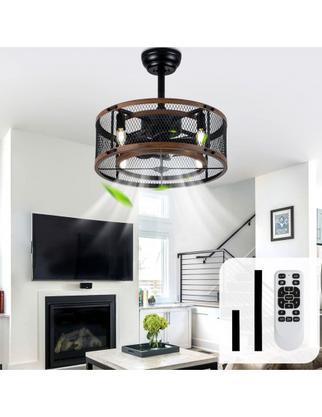 20" Industrial Matte Black Caged Ceiling Fan with Light and Remote, 6 Speed Quiet DC Motor for Living Room, Bedroom