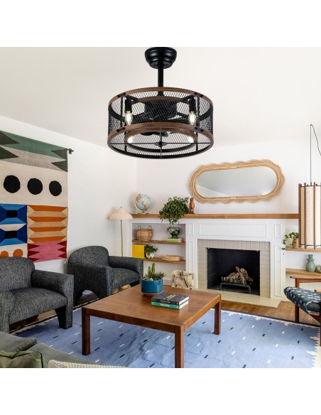 20" Industrial Matte Black Caged Ceiling Fan with Light and Remote, 6 Speed Quiet DC Motor for Living Room, Bedroom