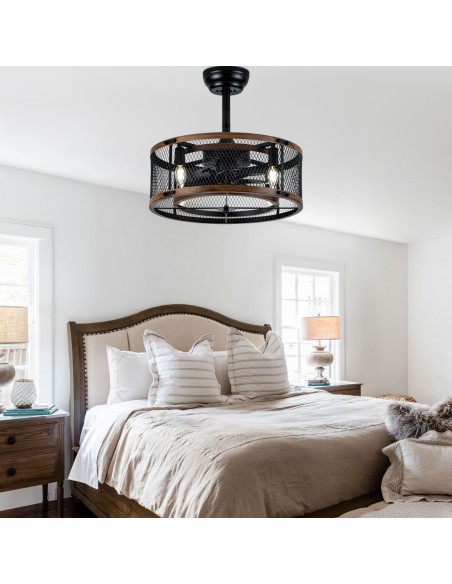 20" Industrial Matte Black Caged Ceiling Fan with Light and Remote, 6 Speed Quiet DC Motor for Living Room, Bedroom