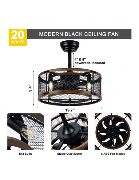 20" Industrial Matte Black Caged Ceiling Fan with Light and Remote, 6 Speed Quiet DC Motor for Living Room, Bedroom