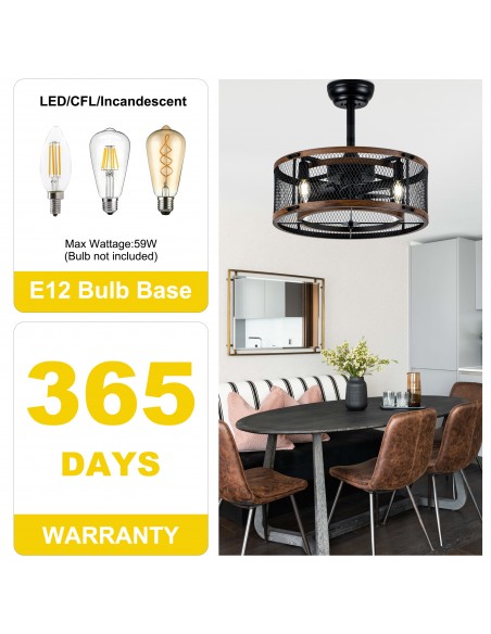 20" Industrial Matte Black Caged Ceiling Fan with Light and Remote, 6 Speed Quiet DC Motor for Living Room, Bedroom