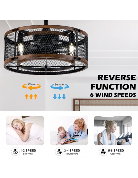 20" Industrial Matte Black Caged Ceiling Fan with Light and Remote, 6 Speed Quiet DC Motor for Living Room, Bedroom