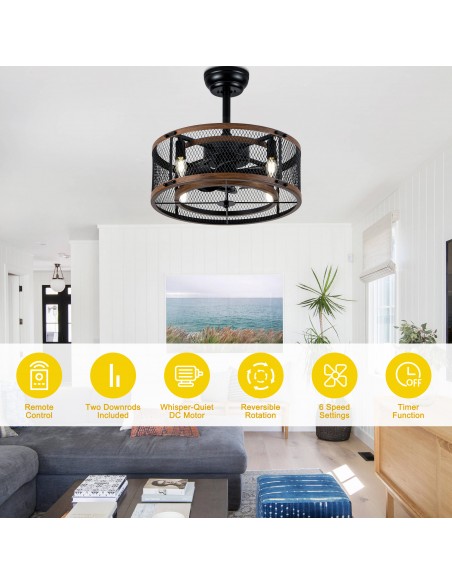 20" Industrial Matte Black Caged Ceiling Fan with Light and Remote, 6 Speed Quiet DC Motor for Living Room, Bedroom