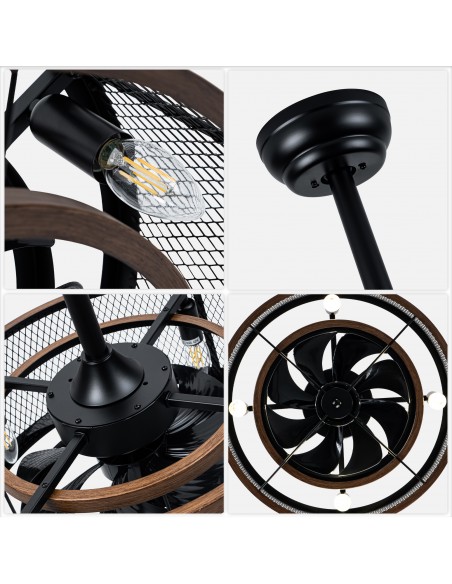 20" Industrial Matte Black Caged Ceiling Fan with Light and Remote, 6 Speed Quiet DC Motor for Living Room, Bedroom