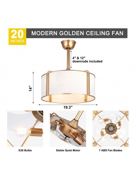 Oaks Aura 20” Fabric Drum Ceiling Fan with Light and Remote Control, Quiet DC Motor, 6-Speed for Bedroom, dining room