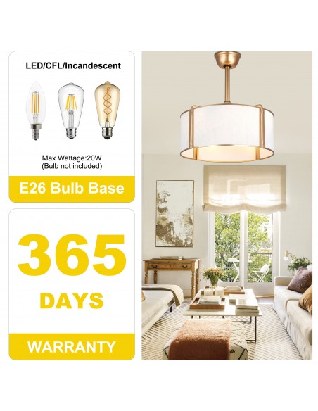 Oaks Aura 20” Fabric Drum Ceiling Fan with Light and Remote Control, Quiet DC Motor, 6-Speed for Bedroom, dining room