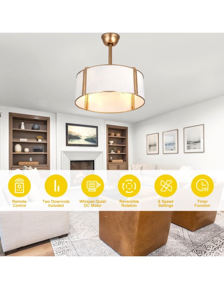 Oaks Aura 20” Fabric Drum Ceiling Fan with Light and Remote Control, Quiet DC Motor, 6-Speed for Bedroom, dining room