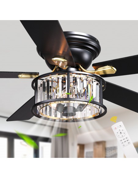 52" Black Crystal Ceiling Fan with Light and Remote Control, 6-Speed DC Motor for Living Room, Bedroom