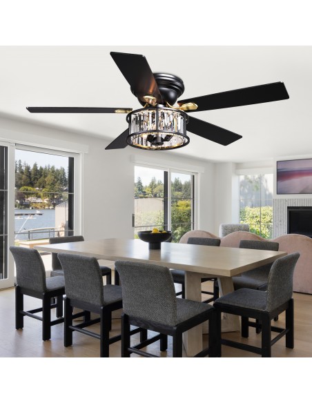 52" Black Crystal Ceiling Fan with Light and Remote Control, 6-Speed DC Motor for Living Room, Bedroom
