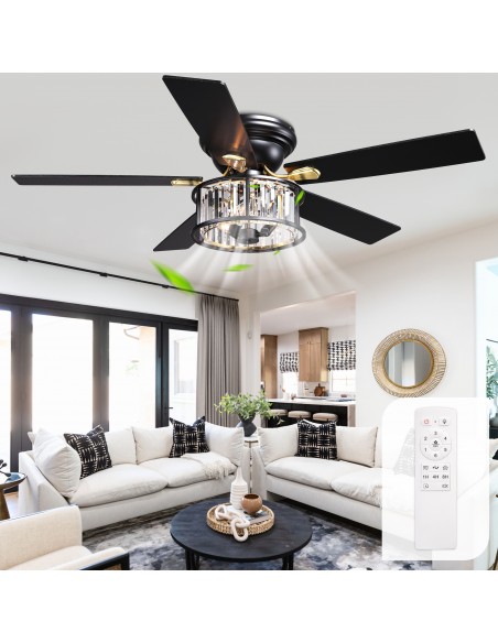 52" Black Crystal Ceiling Fan with Light and Remote Control, 6-Speed DC Motor for Living Room, Bedroom
