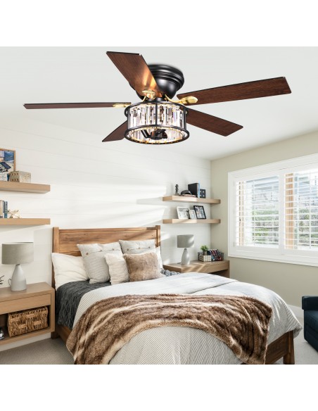 52" Black Crystal Ceiling Fan with Light and Remote Control, 6-Speed DC Motor for Living Room, Bedroom