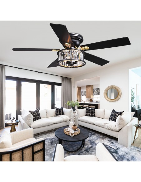 52" Black Crystal Ceiling Fan with Light and Remote Control, 6-Speed DC Motor for Living Room, Bedroom