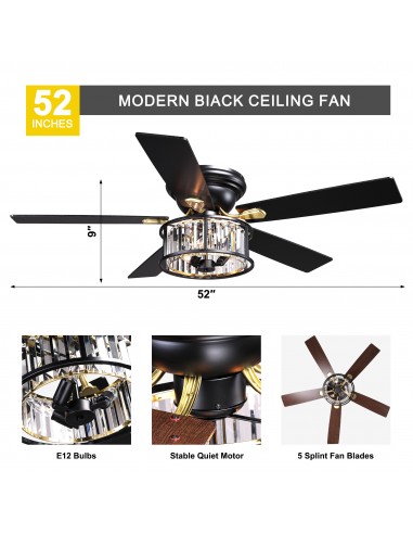 52" Black Crystal Ceiling Fan with...