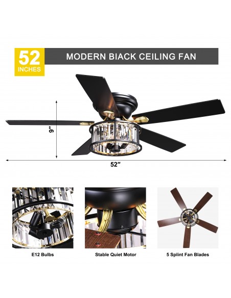 52" Black Crystal Ceiling Fan with Light and Remote Control, 6-Speed DC Motor for Living Room, Bedroom