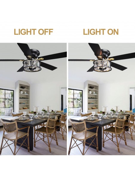 52" Black Crystal Ceiling Fan with Light and Remote Control, 6-Speed DC Motor for Living Room, Bedroom