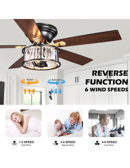 52" Black Crystal Ceiling Fan with Light and Remote Control, 6-Speed DC Motor for Living Room, Bedroom
