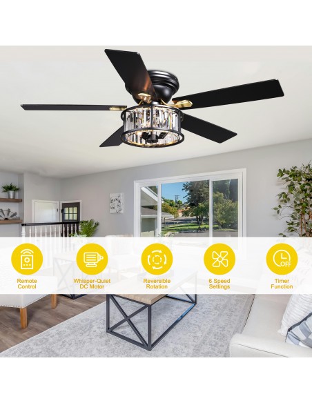 52" Black Crystal Ceiling Fan with Light and Remote Control, 6-Speed DC Motor for Living Room, Bedroom
