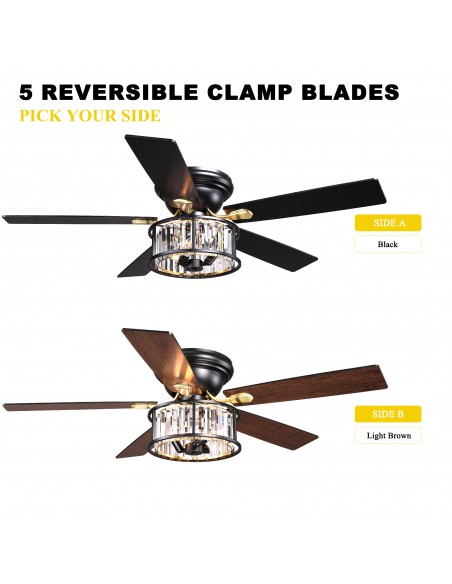 52" Black Crystal Ceiling Fan with Light and Remote Control, 6-Speed DC Motor for Living Room, Bedroom