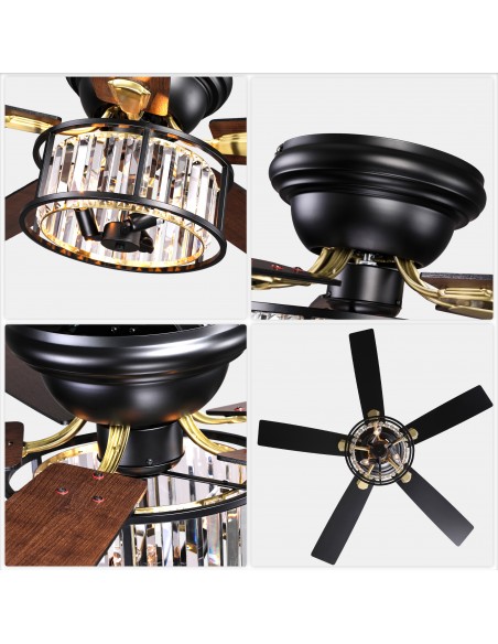 52" Black Crystal Ceiling Fan with Light and Remote Control, 6-Speed DC Motor for Living Room, Bedroom