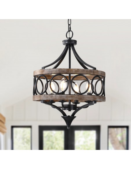 16" Rustic Farmhouse Solid Wood Chandelier, Pendant Light with 72" Adjustable Chain for Foyer, Dining Room, Living Room
