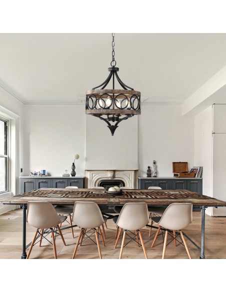 16" Rustic Farmhouse Solid Wood Chandelier, Pendant Light with 72" Adjustable Chain for Foyer, Dining Room, Living Room