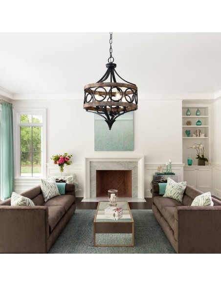 16" Rustic Farmhouse Solid Wood Chandelier, Pendant Light with 72" Adjustable Chain for Foyer, Dining Room, Living Room