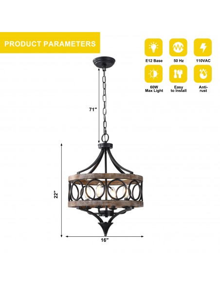 16" Rustic Farmhouse Solid Wood Chandelier, Pendant Light with 72" Adjustable Chain for Foyer, Dining Room, Living Room
