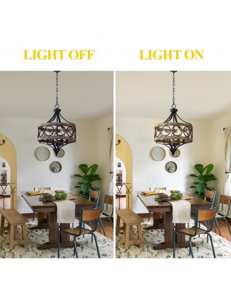 16" Rustic Farmhouse Solid Wood Chandelier, Pendant Light with 72" Adjustable Chain for Foyer, Dining Room, Living Room