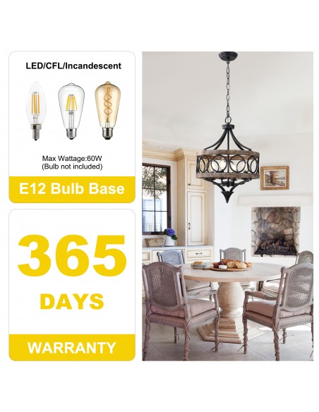 16" Rustic Farmhouse Solid Wood Chandelier, Pendant Light with 72" Adjustable Chain for Foyer, Dining Room, Living Room