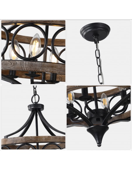 16" Rustic Farmhouse Solid Wood Chandelier, Pendant Light with 72" Adjustable Chain for Foyer, Dining Room, Living Room