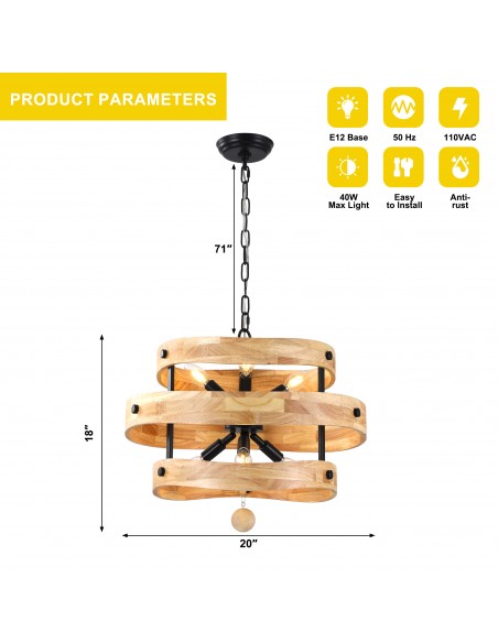 20" Farmhouse Solid Wood Pendant Light, Rustic Chandelier with Adjustable 71" Chain