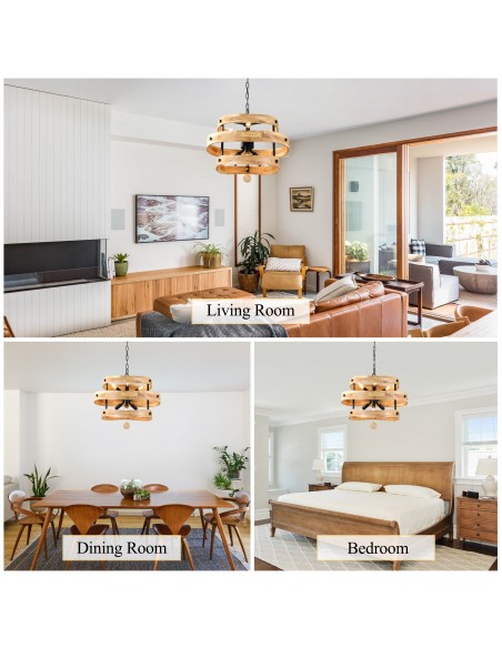 20" Farmhouse Solid Wood Pendant Light, Rustic Chandelier with Adjustable 71" Chain