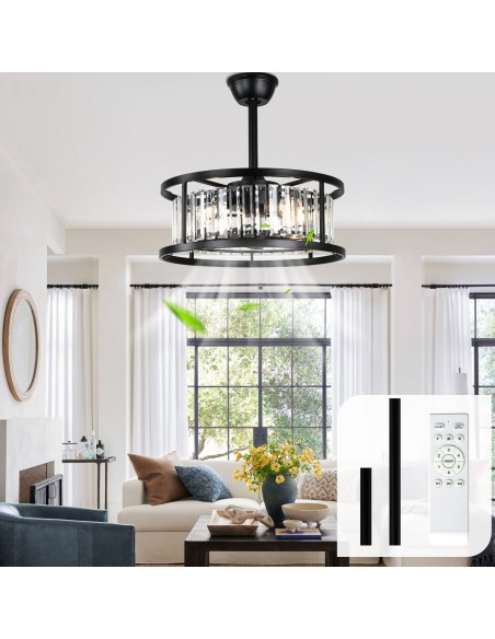 Oaks Aura 20" Matte Black Crystal Ceiling Fan with Light and Remote Control, 6-Speed DC Motor for Living Room