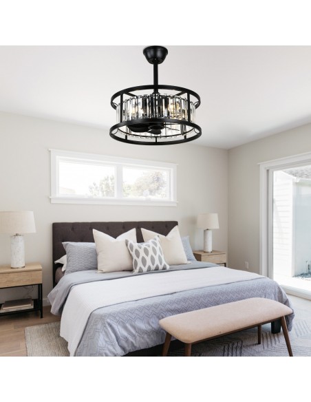 Oaks Aura 20" Matte Black Crystal Ceiling Fan with Light and Remote Control, 6-Speed DC Motor for Living Room