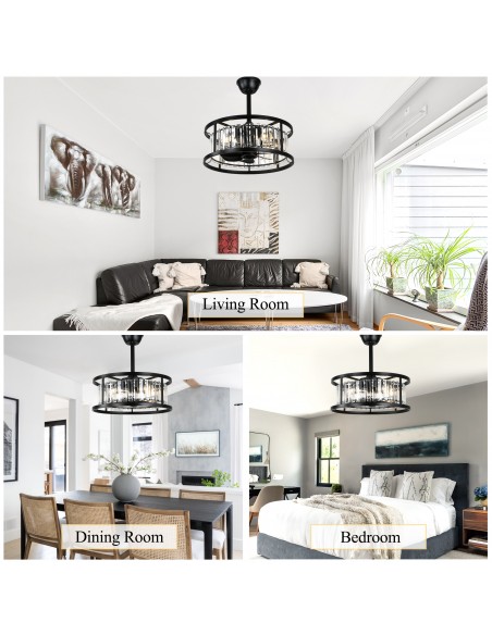 Oaks Aura 20" Matte Black Crystal Ceiling Fan with Light and Remote Control, 6-Speed DC Motor for Living Room