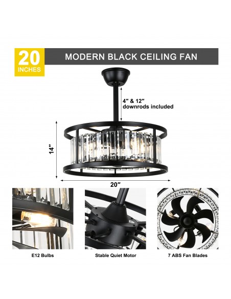 Oaks Aura 20" Matte Black Crystal Ceiling Fan with Light and Remote Control, 6-Speed DC Motor for Living Room