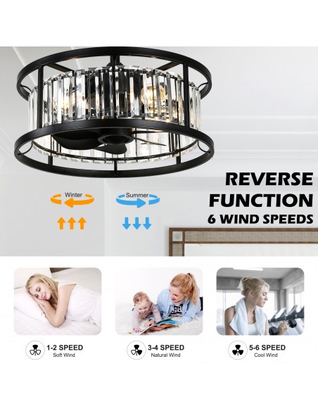 Oaks Aura 20" Matte Black Crystal Ceiling Fan with Light and Remote Control, 6-Speed DC Motor for Living Room