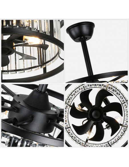 Oaks Aura 20" Matte Black Crystal Ceiling Fan with Light and Remote Control, 6-Speed DC Motor for Living Room