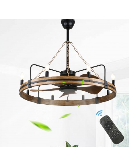 Oaks Aura 36" Wagon Wheel Ceiling Fan with Light and Remote, 8-Light Vintage Ceiling Fan Fixture for Living Room