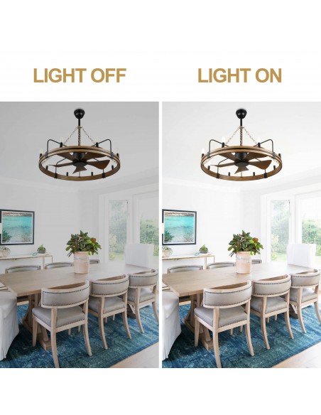 Oaks Aura 36" Wagon Wheel Ceiling Fan with Light and Remote, 8-Light Vintage Ceiling Fan Fixture for Living Room