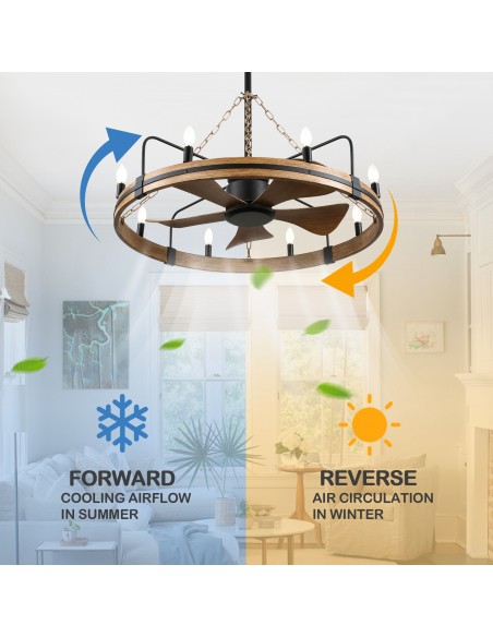 Oaks Aura 36" Wagon Wheel Ceiling Fan with Light and Remote, 8-Light Vintage Ceiling Fan Fixture for Living Room