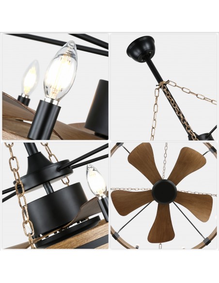 Oaks Aura 36" Wagon Wheel Ceiling Fan with Light and Remote, 8-Light Vintage Ceiling Fan Fixture for Living Room