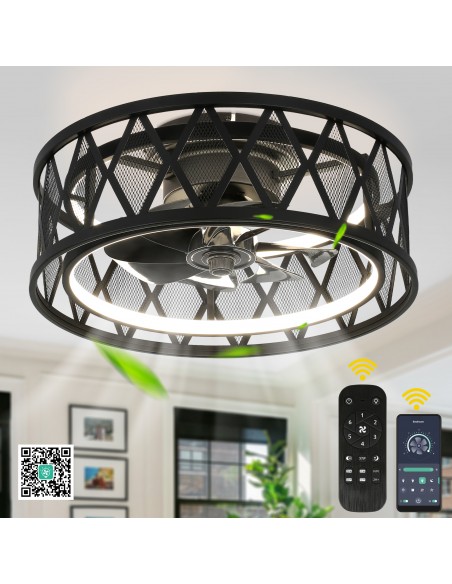 Oaks Aura 19" Black Caged Flush Mount Ceiling Fan with Light and Remote & APP Control