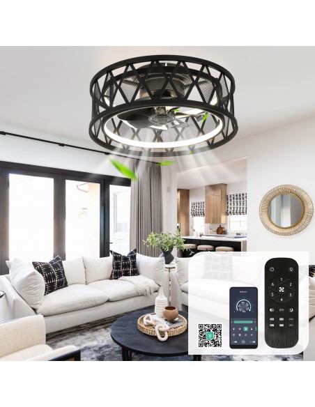 Oaks Aura 19" Black Caged Flush Mount Ceiling Fan with Light and Remote & APP Control