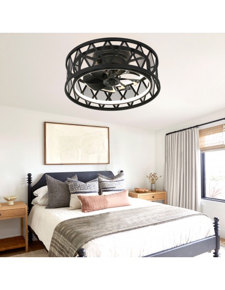 Oaks Aura 19" Black Caged Flush Mount Ceiling Fan with Light and Remote & APP Control