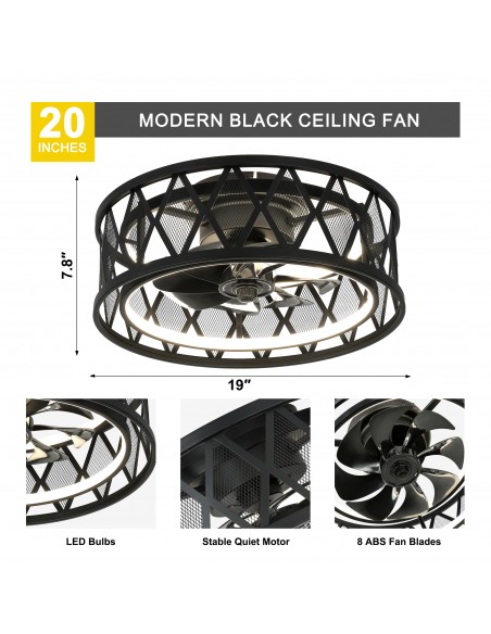 Oaks Aura 19" Black Caged Flush Mount Ceiling Fan with Light and Remote & APP Control